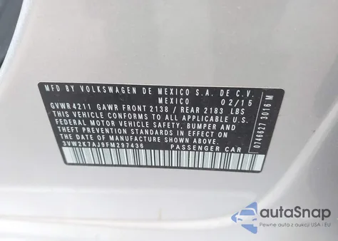 2015 Volkswagen Jetta 2.0L S z USA, uszkodzony, nr VIN 3VW2K7AJ9FM297436